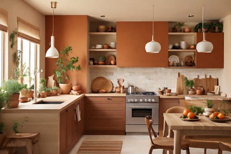 Ambientes aconchegantes: cozinha decorada com tons quentes e materiais naturais, iluminação suave e detalhes decorativos que promovem conforto e bem-estar.