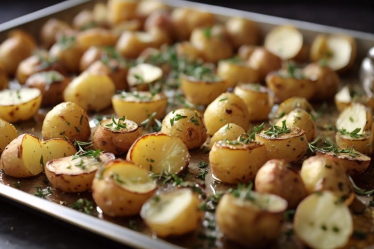 Travessa dourada de batatas assadas, regadas com azeite e temperadas com ervas e sal. Batatas uniformemente cortadas, cozidas até dourar, exalando aroma de alho assado.