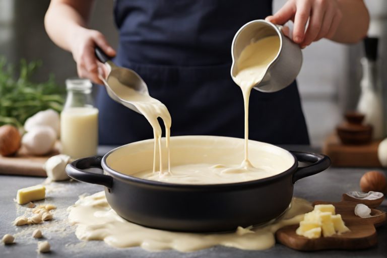 O molho bechamel é preparado em uma panela, misturando manteiga, farinha e leite até obter uma textura cremosa. Temperos são adicionados para realçar o sabor.