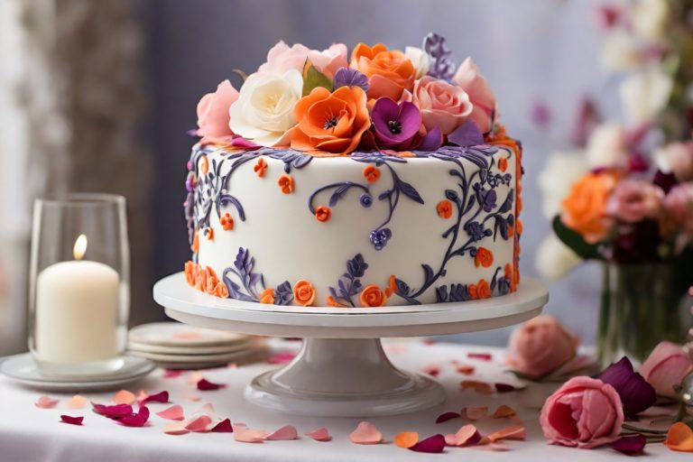 Bolos decorados com detalhes florais em fondant, exibindo cores vibrantes e detalhes delicados, sobre um suporte branco. A mesa ao redor está decorada com pétalas de flores.