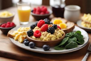 Espalhado na mesa de madeira, café da manhã equilibrado inclui aveia, frutas, ovos, espinafre, torradas integrais e água com limão.