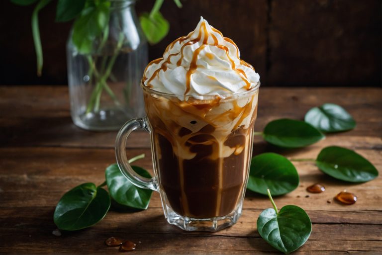 Um copo alto contendo café gelado, adornado com chantilly e calda de caramelo, repousa sobre uma mesa de madeira rústica.