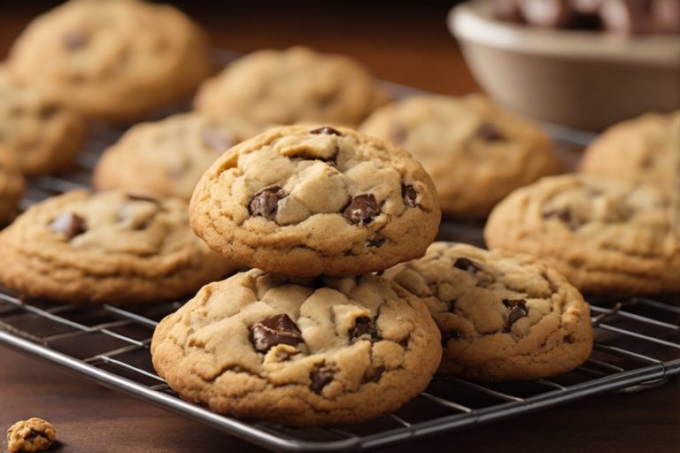 Deliciosos cookies caseiros, dourados e texturizados, repousam sobre uma grade de resfriamento. Suavemente achatados, exibem rachaduras na superfície, prometendo uma combinação irresistível de maciez e crocância.