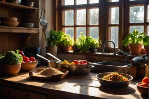 Uma cozinha rústica e acolhedora, cheia de vegetais coloridos e grãos sobre uma bancada de madeira, com um livro de receitas veganas aberto e iluminado pelo sol.