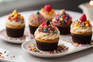 Cupcakes frescos com cobertura colorida, enfeitados com confeitos, raspas de chocolate e frutas frescas, dispostos em um prato de cerâmica branco.