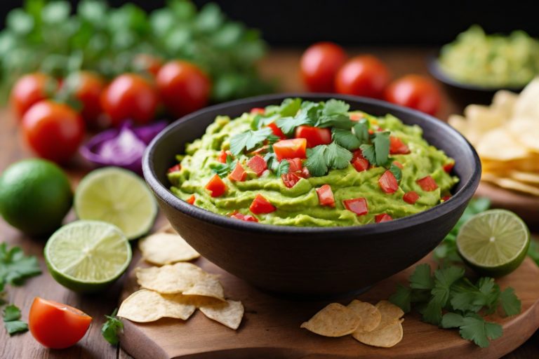 Um bowl de guacamole verde vibrante sobre uma mesa de madeira, cercado por chips de tortilha coloridos e palitos de vegetais frescos.