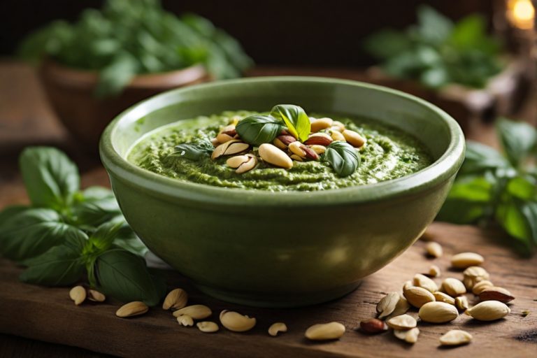 Um bowl verde vibrante repleto de molho pesto caseiro, adornado com pinhões e folhas frescas de manjericão, sobre uma mesa de madeira rústica.