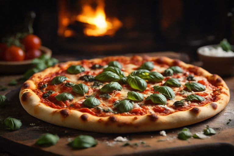 Pizza caseira recém-assada em uma mesa de madeira rústica. A massa dourada tem bolhas e manchas queimadas, coberta com molho de tomate, queijo derretido, pepperoni e folhas de manjericão.