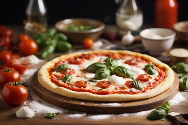 Uma família prepara uma pizza caseira em uma cozinha aconchegante, com uma mesa cheia de ingredientes variados e cada membro participando ativamente.