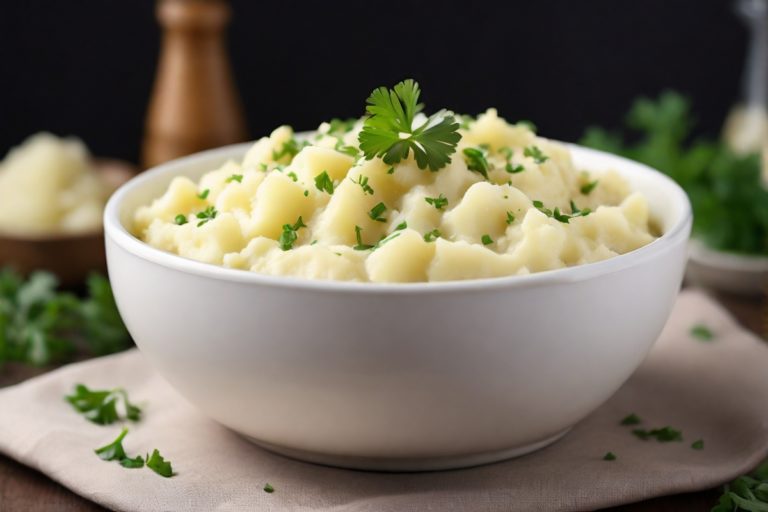 Purê de batatas cremoso servido em uma tigela branca, decorado com salsa picada. Textura suave, sem grumos visíveis. Aparência convidativa e reconfortante.