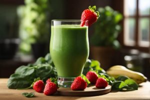 Um smoothie verde vibrante está em um copo sobre uma mesa de madeira, rodeado por ingredientes frescos como espinafre, morangos e banana madura.