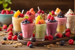 Uma mesa rústica exibe uma variedade de sobremesas geladas, incluindo sorvetes, picolés, frozen yogurt e smoothie bowls, todas refrescantes para o verão.