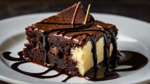 Uma imagem em close-up de um pedaço de brownie de chocolate. A textura rica e densa do brownie contrasta lindamente com o creme suave. Fatias frescas de banana e um fio de calda de chocolate adornam a sobremesa, tentando o espectador com seu apelo indulgente.