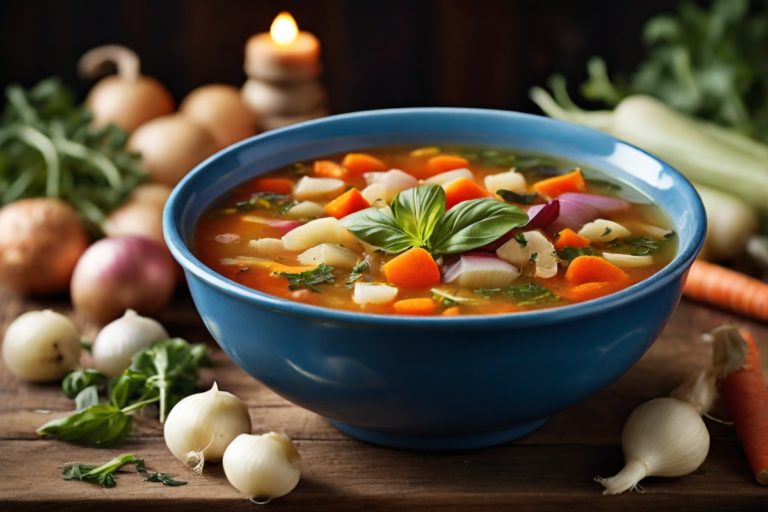 Uma tigela fumegante de sopa de legumes, cercada por ingredientes frescos como cenouras, batatas, cebolas e aipo, sobre uma mesa rústica.