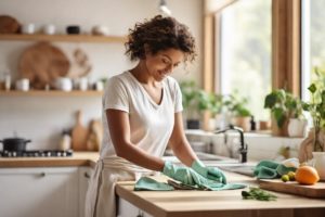 Cozinha brilhante e organizada, produtos e panos reutilizáveis, demonstrando práticas sustentáveis. Ambiente limpo e saudável, promovendo consciência ambiental.