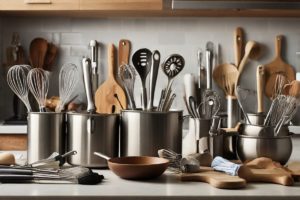 Utensílios de cozinha brilhantes e organizados em uma fileira sobre a bancada, refletindo a luz. Ao fundo, uma pia sugere limpeza meticulosa.