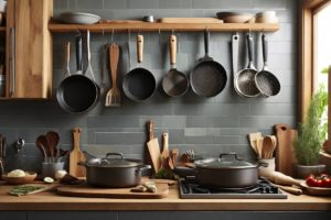 Utensílios de cozinha brilhantes e variados sugerem uma cozinha bem equipada, pronta para aventuras culinárias. Facas, panelas, espátulas e tábuas prometem eficiência e segurança na preparação de alimentos.