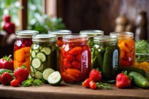 A imagem mostra uma variedade de legumes e frutas frescos, incluindo pepinos, pimentões, cenouras, maçãs e morangos, dispostos em uma mesa de madeira. Ao fundo, há potes de vidro hermeticamente fechados, contendo conservas caseiras coloridas e apetitosas. As conservas apresentam cores vibrantes e são visíveis através do vidro transparente dos potes. A cena transmite uma sensação de frescor e vitalidade, sugerindo o processo de preparação e armazenamento de conservas caseiras de legumes e frutas.