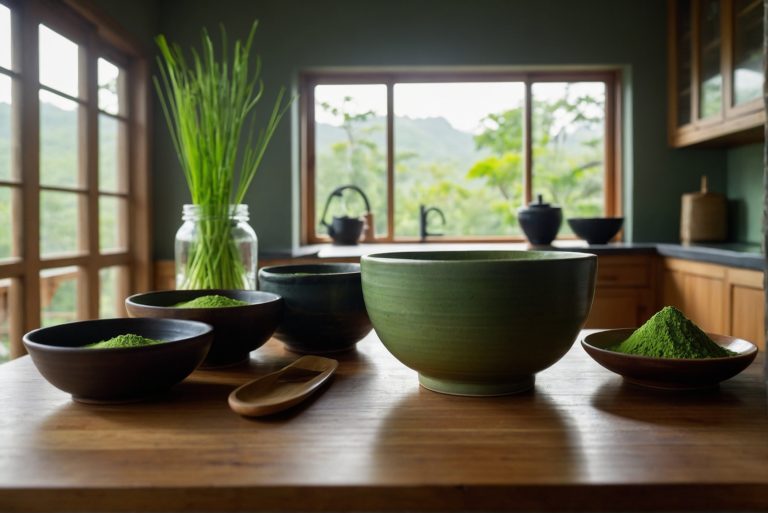 Uma cozinha serena com luz natural, destacando um balcão de madeira com uma tigela de cerâmica contendo pó de matcha verde vibrante e utensílios ao