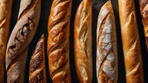 Uma foto em close-up apresentando uma variedade de pães artesanais frescos de diferentes partes do mundo, incluindo baguetes, naan e tortillas. Cada pão exibe sua textura e formato únicos, representando a rica diversidade culinária celebrada no artigo sobre "pães artesanais".