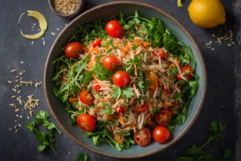 Uma salada colorida composta por quinoa cozida, tomates-cereja, cenoura ralada, folhas de rúcula rasgadas e salsinha picada, misturadas com frango desfiado temperado. A salada é regada com suco de limão, um fio de azeite e temperada com sal, pimenta e açafrão.