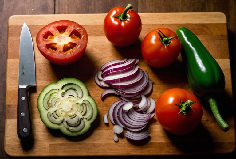 Uma imagem de close-up mostrando uma seleção de vegetais recém-picados em uma tábua de corte de madeira. As cores vibrantes dos vegetais, incluindo tomates vermelhos, pimentões verdes, cenouras laranjas e cebolas amarelas, criam uma exibição visualmente atraente. Os vegetais estão cortados em várias formas e tamanhos, ilustrando diferentes técnicas de corte, como cortar em cubos, em juliana e em minúsculos pedaços. Ao lado da tábua de corte, um conjunto de facas afiadas e um descascador de legumes estão dispostos de forma organizada, destacando a importância das ferramentas adequadas na preparação culinária. Essa imagem exemplifica a arte e a precisão envolvidas em dominar técnicas de corte na culinária.