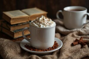 Uma caneca de cerâmica branca com chocolate quente cremoso, coberto com chantilly e raspas de chocolate. Ao fundo, um cobertor macio e um livro aberto, criando uma atmosfera aconchegante e convidativa.